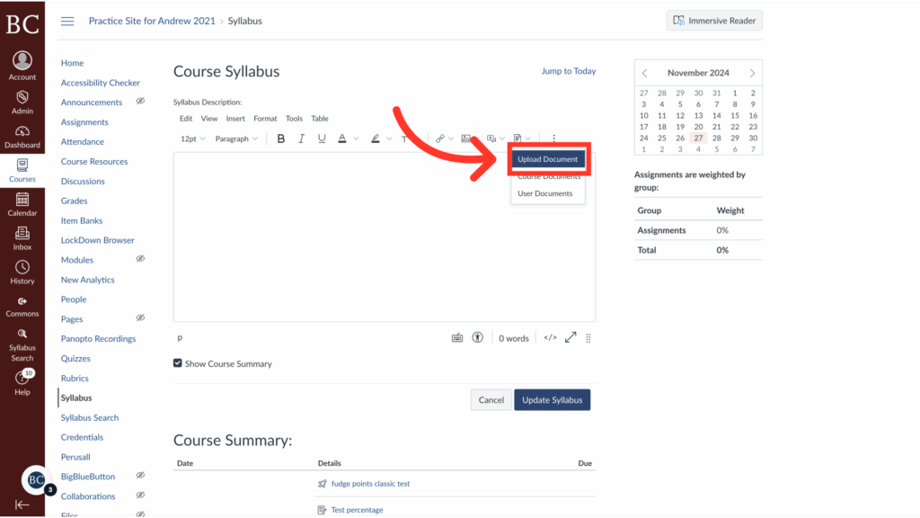 Screenshot of a course syllabus editing page in Canvas LMS. A large red arrow points to the Upload Document button in the toolbar, highlighting where to click to add files. A calendar and course navigation menu are visible.
