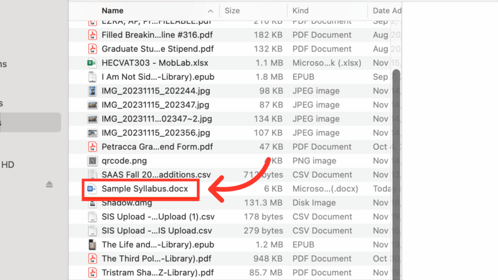 A computer file directory window shows various files. A red arrow points to a highlighted file named “Sample Syllabus.docx” among documents in different formats, such as PDF, JPG, and CSV.