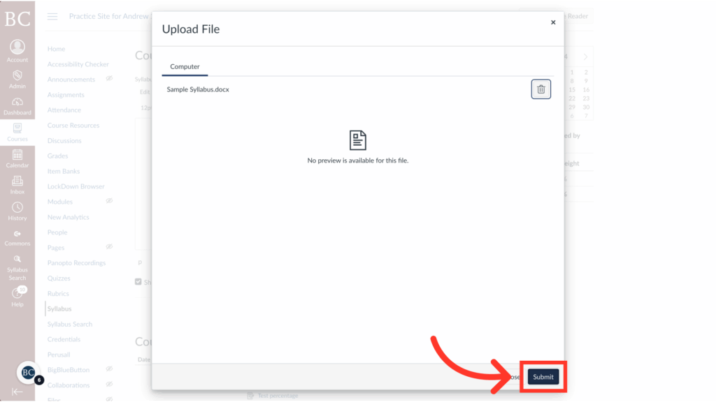 A file upload screen displays Sample Syllabus.docx selected with a “Submit” button highlighted by a red arrow in the bottom right corner. The interface has a light background with menu options on the left side.