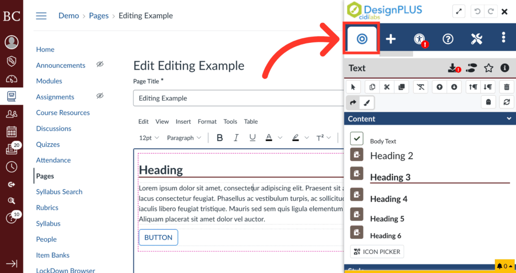 A screenshot shows a Canvas course page editor with the DesignPLUS Add/Edit panel open. A red arrow points to the “Add Icon” button in the DesignPLUS toolbar on the right side of the screen.