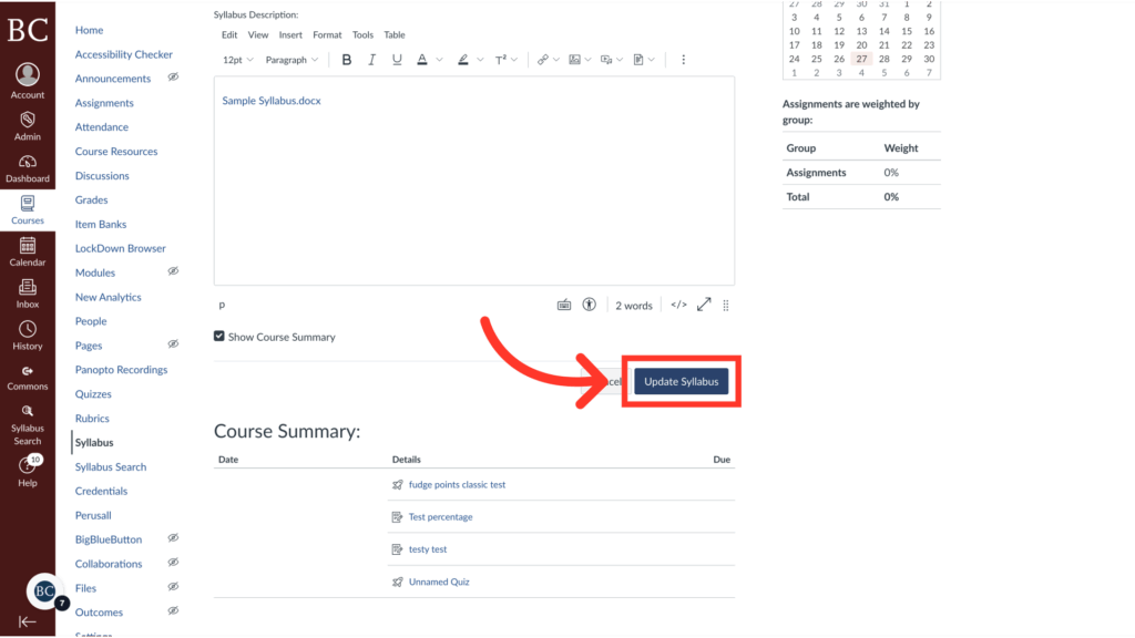 A screenshot of an online course syllabus page with an arrow pointing to a highlighted Update Syllabus button. Various navigation options appear on the left sidebar and course summary is visible below.