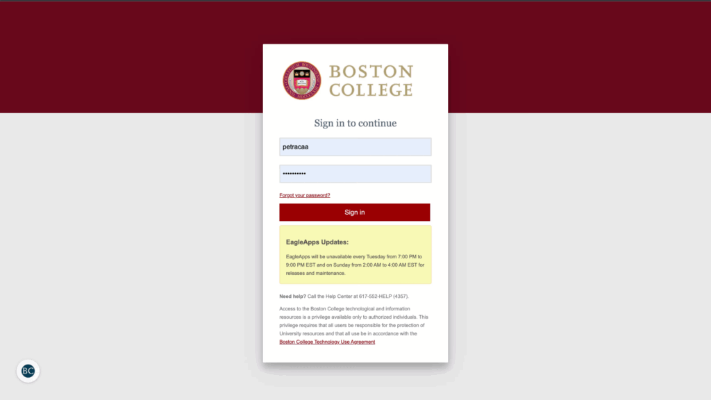 A Boston College login page with fields for username and password, a “Sign In” button, and notifications about EagleApps updates and university technology policies. The Boston College logo is at the top.