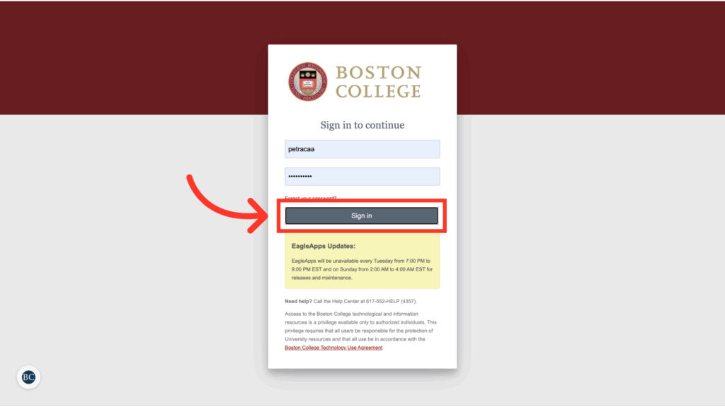 A login page for Boston College with a username entered, a password field, and a red arrow pointing to the Sign in button. EagleApps updates and technical help information are below the button.