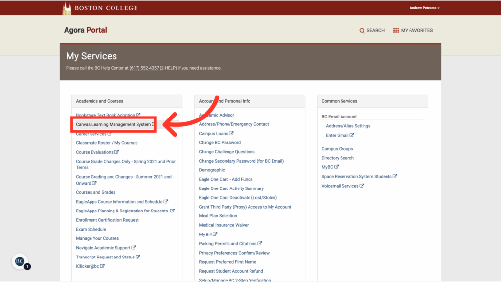 Screenshot of the Boston College Agora Portal’s “My Services” page, with a red arrow pointing to the highlighted “Canvas Learning Management System” link in the Academics and Courses section.