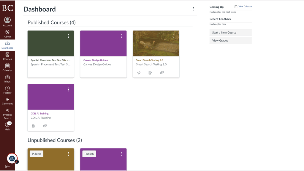 A dashboard screen displays six course cards, four published at the top and two unpublished at the bottom. The left sidebar shows navigation icons, and a right panel lists upcoming items, recent feedback, and options to start a new course or view grades.