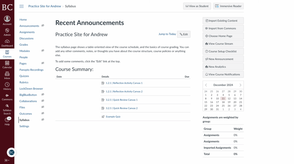 A course homepage on an online learning platform displays recent announcements, a course summary with assignments and due dates, and navigation menus on the left and right sides of the screen.