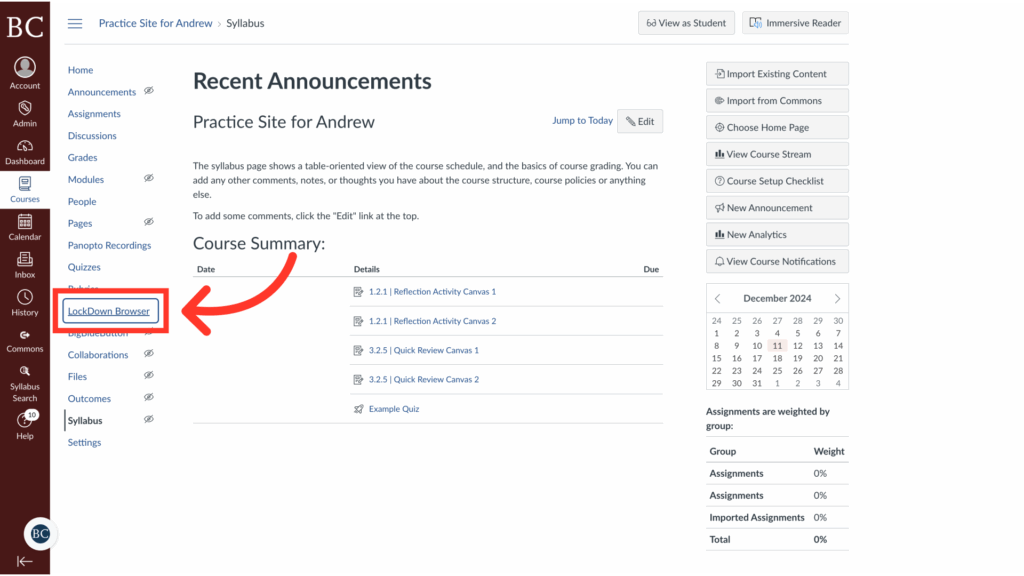 Screenshot of a course webpage with a red arrow pointing to the “LockDown Browser” link in the left-hand menu. The page title reads “Recent Announcements” and a calendar is visible on the right.