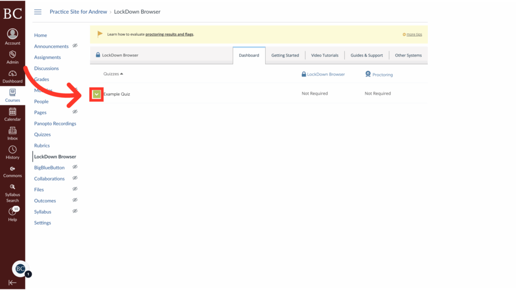 A screenshot of an online course dashboard shows an arrow pointing to a quiz icon labeled Sample Quiz under the LockDown Browser section in the navigation menu.