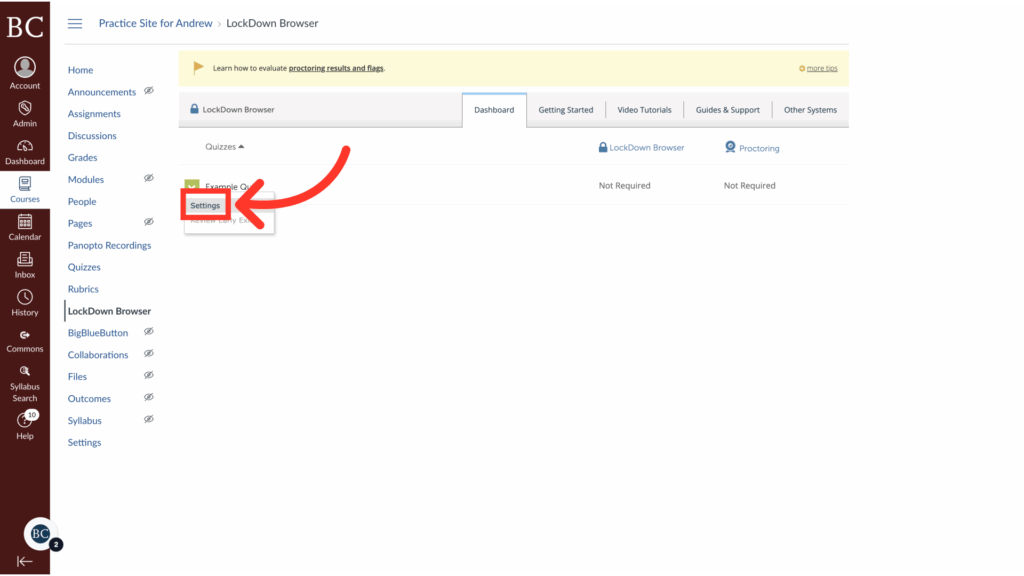 A screenshot of a Canvas course page shows the LockDown Browser tab selected and a large red arrow pointing to the Settings button next to a quiz name under the Quizzes section.