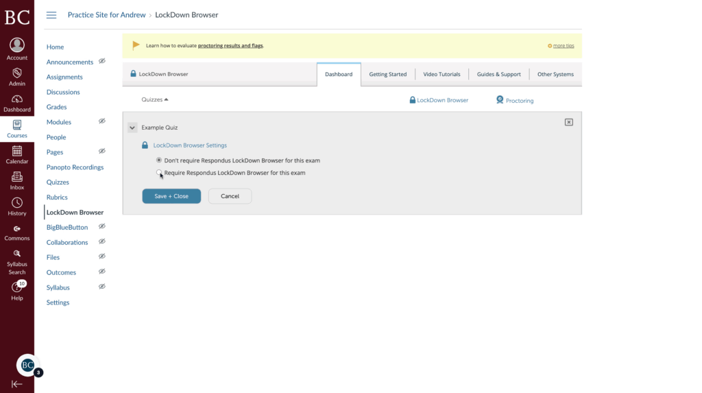 A computer screen shows an online learning platform with the LockDown Browser settings open for an example quiz. The option “Don’t require Respondus LockDown Browser for this exam” is selected.