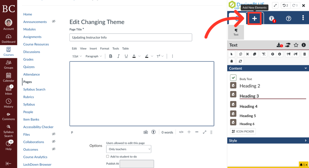 Screenshot of an online course editing page, showing the option to add new elements. A large red arrow points to a blue plus (+) button in the top right corner, indicating where to click to add content.