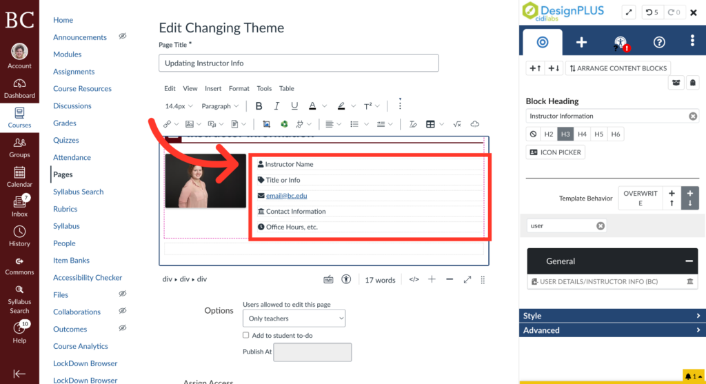 A screenshot of a course editing page showing an instructor’s photo and contact information being added, with a large red arrow and box highlighting the instructor info section. Editing menus and tools are visible on the sides.