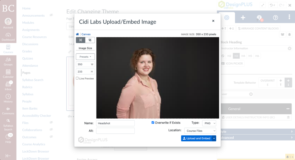 A screenshot shows an image upload window with a headshot of a woman with curly hair, wearing a light pink top, posing against a dark background. Upload options and settings are visible around the image preview.