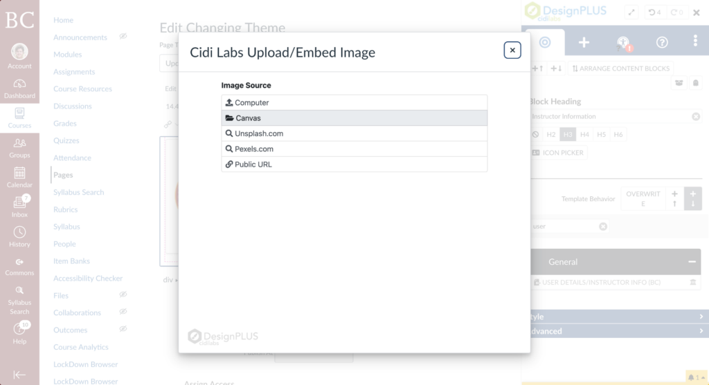 A pop-up window titled Cidi Labs Upload/Embed Image displays image source options: Computer, Canvas, Unsplash.com, Pexels.com, and Public URL. The background shows a partially visible web page with sidebar navigation.