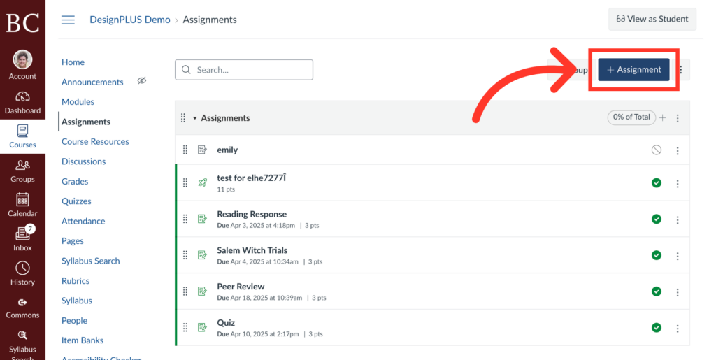 Screenshot of a course assignments page with a large red arrow pointing to a blue + Assignment button in the upper right corner, highlighting where to add a new assignment.