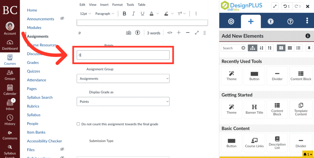 A screenshot shows a learning management system assignment settings page with a red arrow pointing to a text box labeled q. On the right, a sidebar menu for DesignPLUS tools is visible.