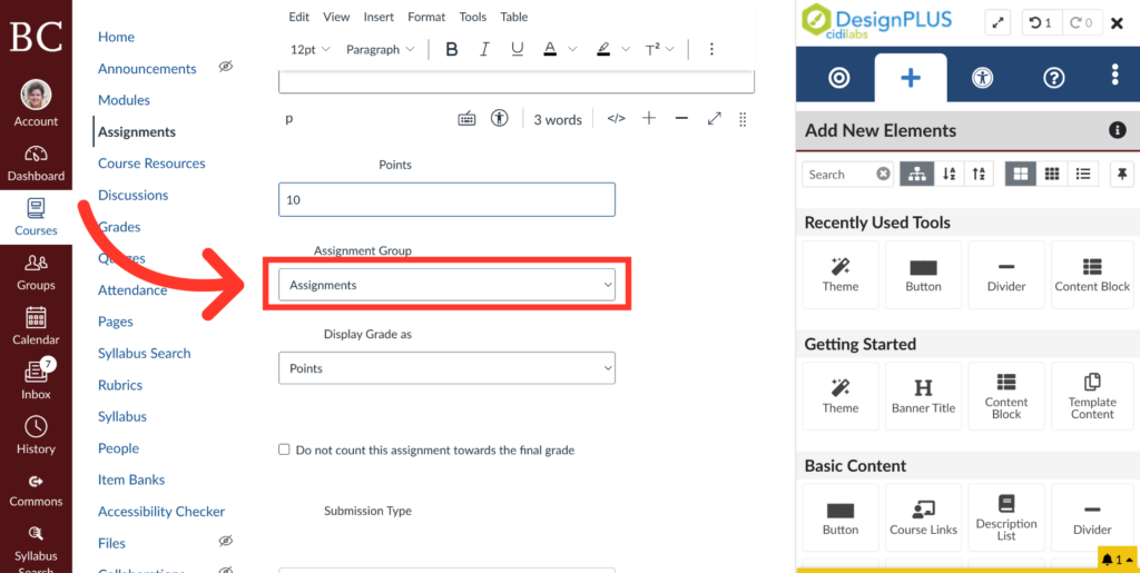 A screenshot showing a course assignments page on the left with a red arrow pointing to the Assignment Group dropdown menu labeled Assignments, and a website editor panel on the right side.