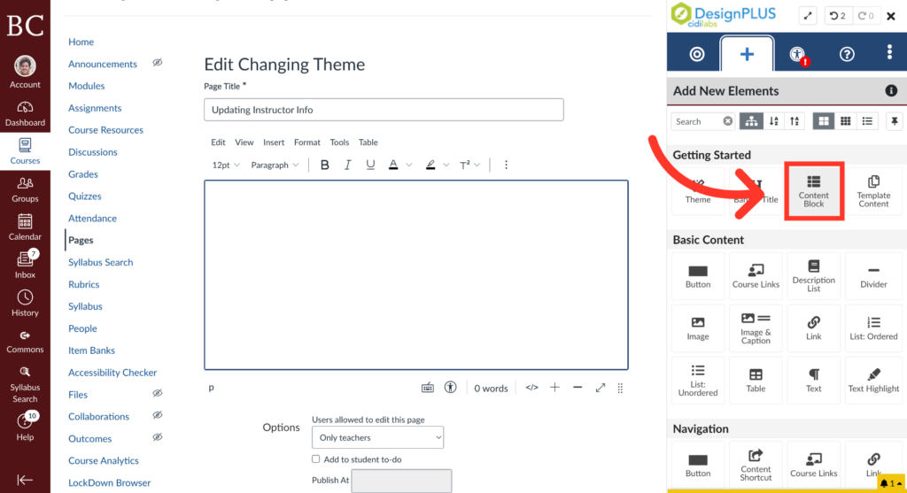 Screenshot of a web page editor with a sidebar on the left, a content editing area in the center, and a DesignPLUS panel on the right. A red arrow points to the Content button under Getting Started.