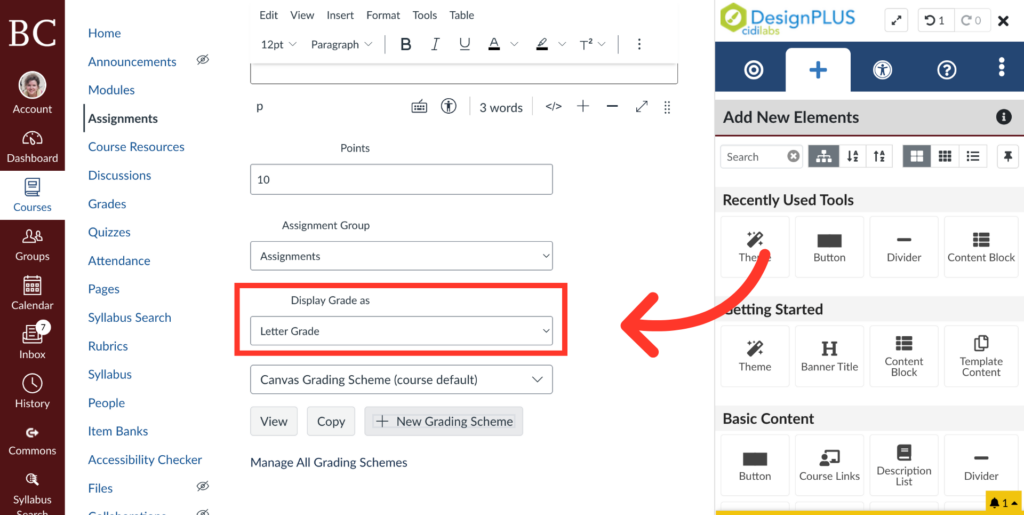 A screenshot of a course management system shows an assignment settings page on the left, with Display Grade as: Letter Grade highlighted and an arrow pointing to a content editor panel on the right.