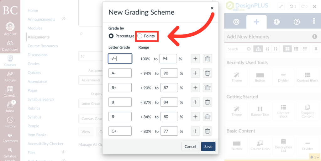 A screenshot of a New Grading Scheme window, with an arrow pointing to the Points grading option next to Percentage. A table below shows letter grades and their corresponding range values.