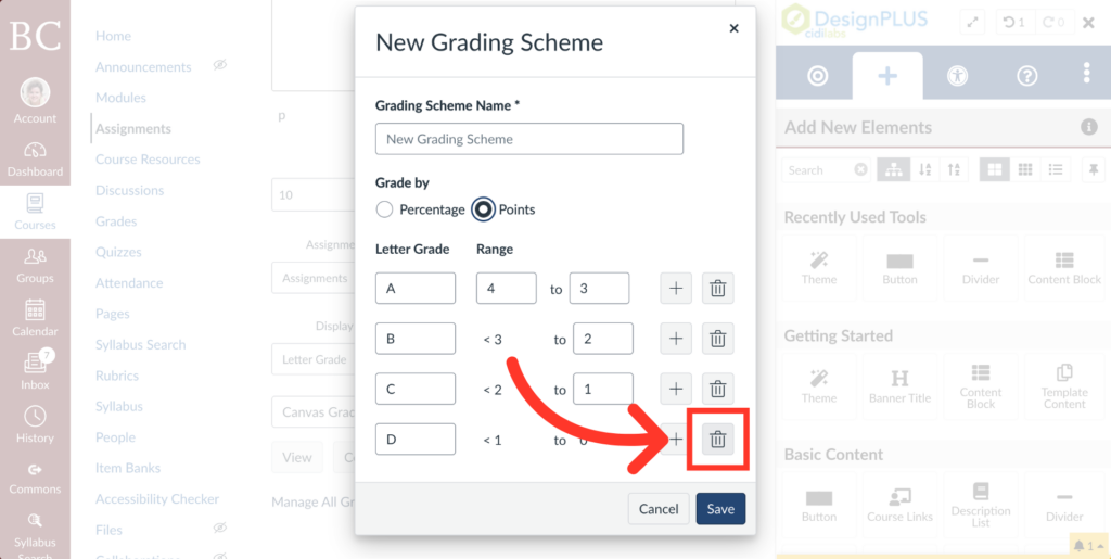 A screenshot of a New Grading Scheme form, with an arrow pointing to a trash bin icon, indicating the option to delete a grading row entry.