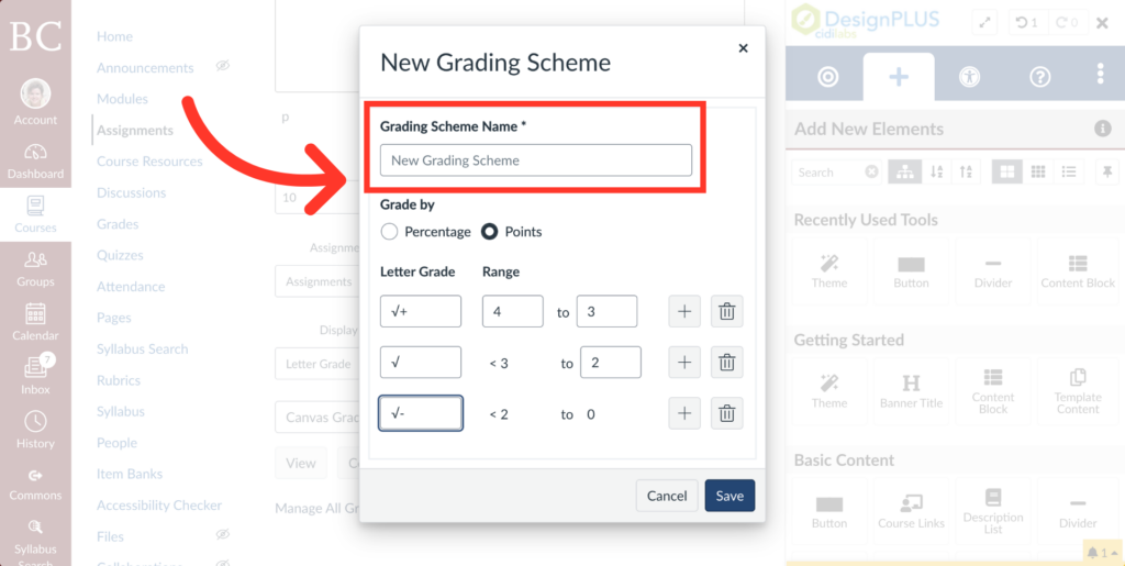 A modal window titled New Grading Scheme shows fields for the scheme name and grading options. An arrow highlights the Grading Scheme Name text box. The background displays a blurred interface.
