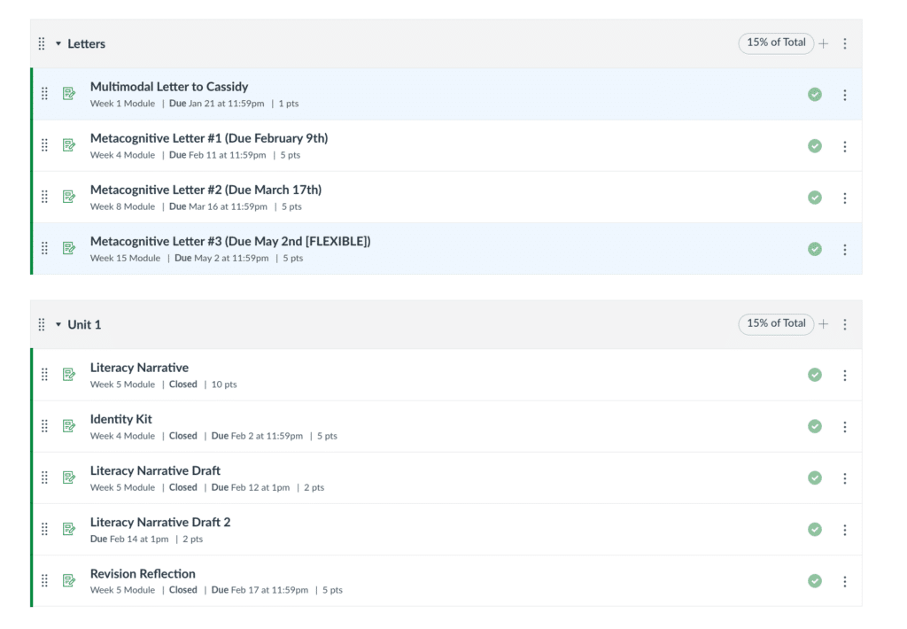 Screenshot of an online course dashboard showing two sections: Letters and Unit 1, each listing multiple assignments with titles, due dates, points, and completion status.
