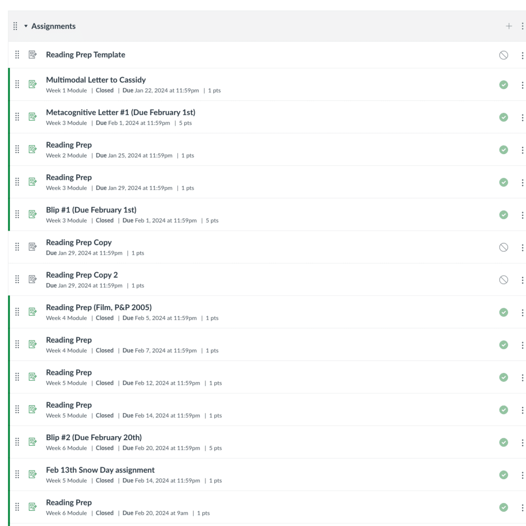 A screenshot of an online assignments list showing various tasks with due dates, including “Multimodal Letter to Cassidy,” “Reading Prep,” and “Blip 1 & 2,” with points, modules, and due times listed for each.