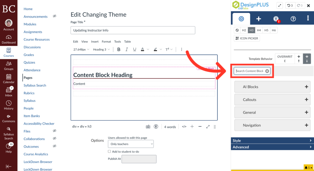 A screenshot of a course page editor with an arrow pointing to a Search Content Block field on the right, highlighting where to search blocks for adding to the page content area titled Content Block Heading.