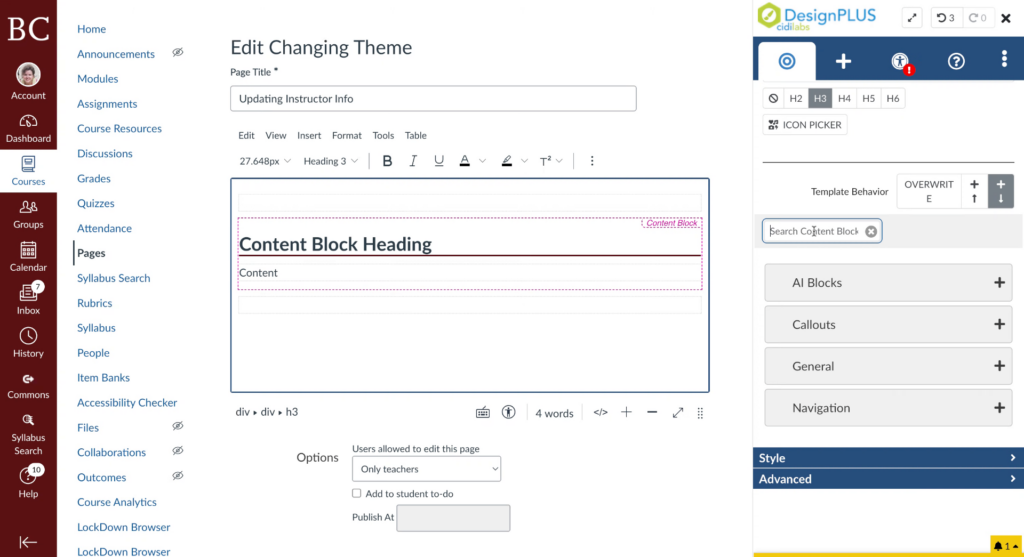 A webpage editor is open showing a content block with the heading Content Block Heading and the word Content below it. Editing options and design tools are visible on the right side of the screen.