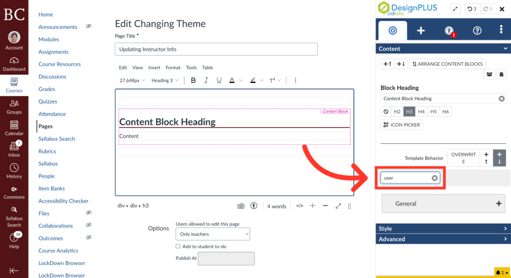 A screenshot of a website editor shows a page titled Edit Changing Theme with a content block labeled Content Block Heading. An arrow points to a user text field in the Block Heading settings on the right panel.