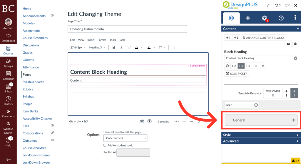 A webpage editor shows a Content Block Heading section. On the right, a settings panel is open with a red box highlighting the General field under Block Heading options. A large red arrow points to the boxed field.