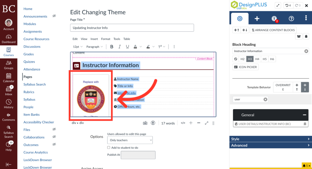 A webpage editing interface shows an Instructor Information section with a school crest highlighted and a red arrow pointing to it, indicating where to replace the current image. Editing tools and block settings are visible on the right.