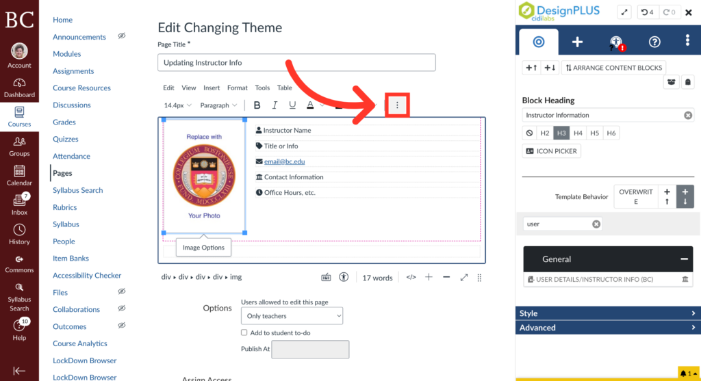 A screenshot of a course webpage editor showing instructions for updating instructor info. A red arrow points to a three-dot menu on the table toolbar, prompting further action. Various editing options are visible on the right panel.