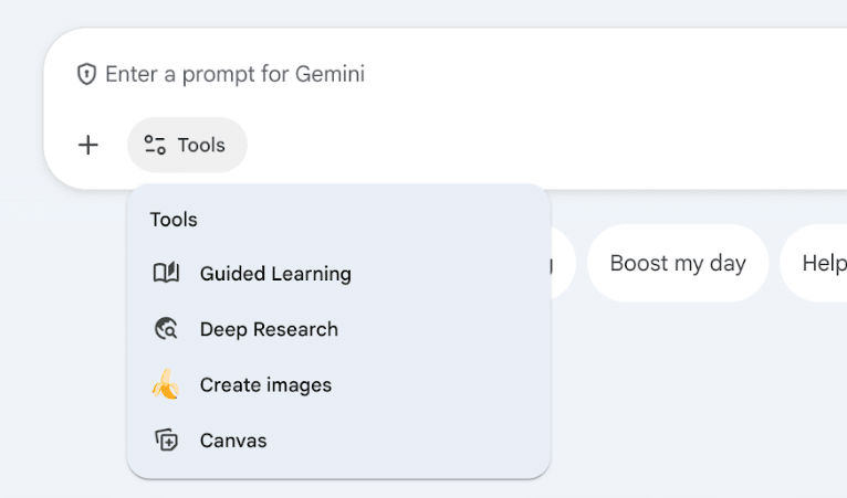 Image of a Gemini chat interface with a menu opened to show tool options.