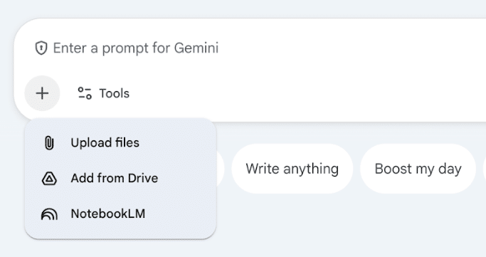 Image of a Gemini chat interface with a menu showing options for importing data and files.