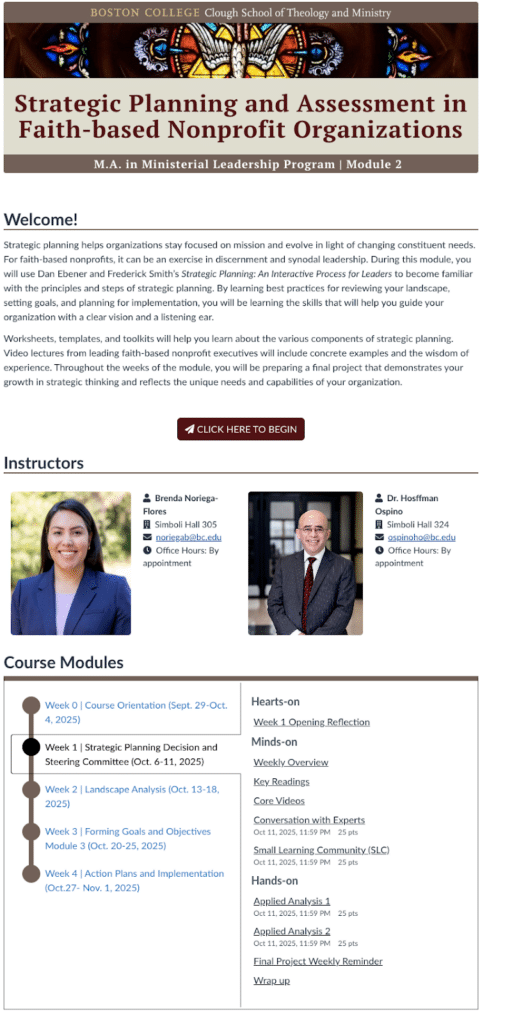 Screenshot of a course page titled "Strategic Planning and Assessment in Faith-based Nonprofit Organizations."