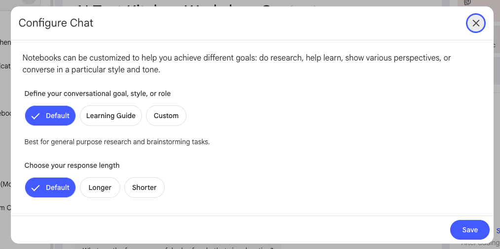 Image of a Configure Chat screen with options for customizing roles and goals.