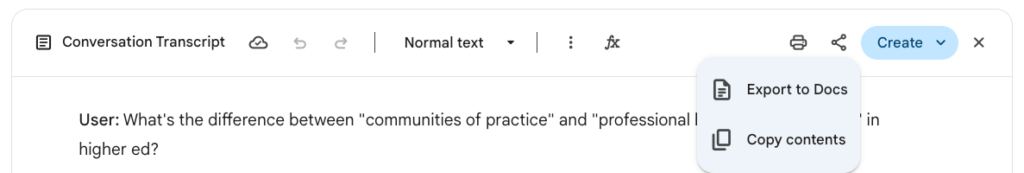 Image of Gemini chat interface with export options menu open.
