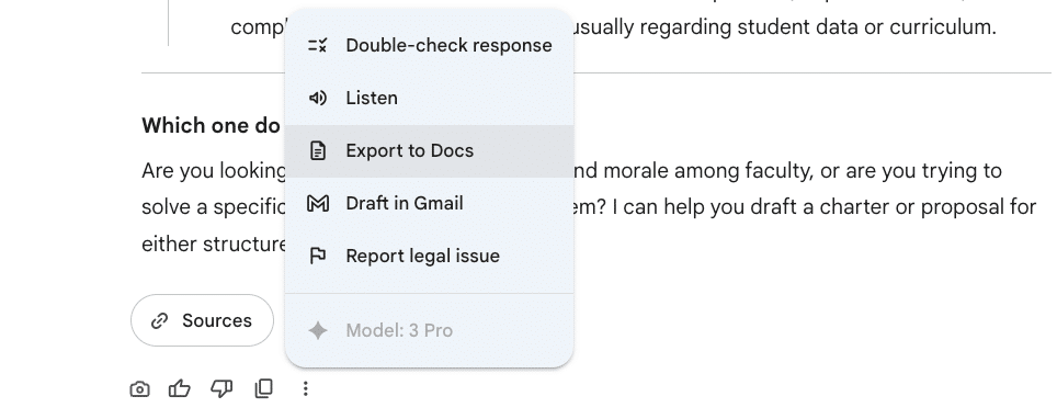 Image of a Gemini chat interface with options shown for exporting or checking the chat.
