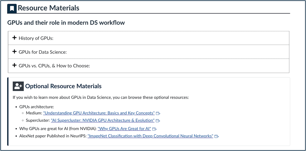 Screenshot of a webpage section titled Resource Materials about GPUs in data science, with expandable topics and a list of optional resource links on GPU architecture and neural networks.