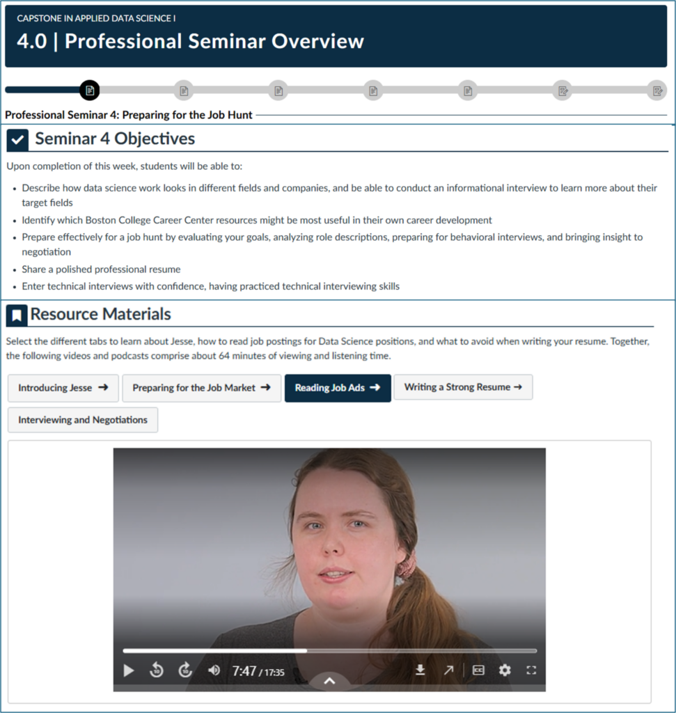 Course page for "Professional Seminar 4: Preparing for the Job Hunt," showing objectives, resource tabs, and a media player with two presenters and an audio transcript link.