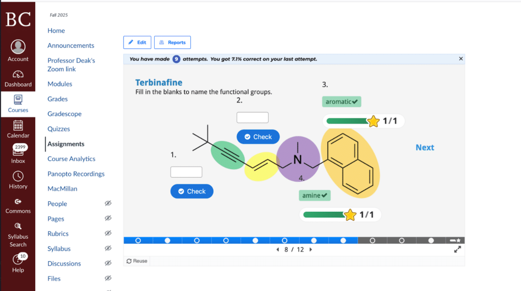 Screenshot of an online chemistry assignment showing a question about labeling functional groups in terbinafine, with aromatic and amine answers labeled correct and a score of 27% shown at the top.