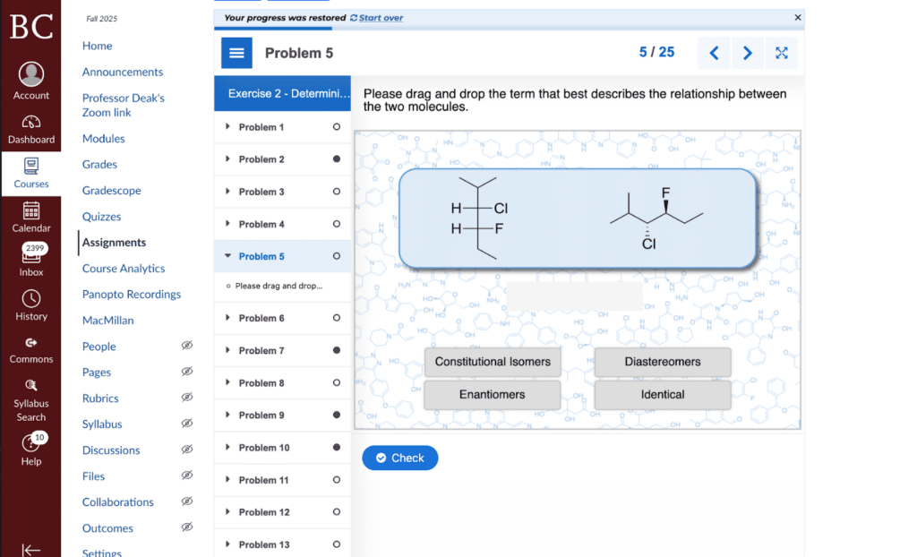 A chemistry quiz interface shows two molecular structures with labels. Below, selectable options read: Constitutional isomers, Enantiomers, and Identical. Instructions ask users to match the molecules relationship.