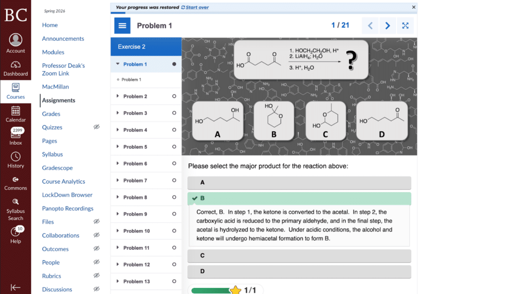 A chemistry quiz interface shows a reaction scheme with four product choices labeled A-D. Option B is selected and explained as correct. Navigation and course links appear on the left sidebar.