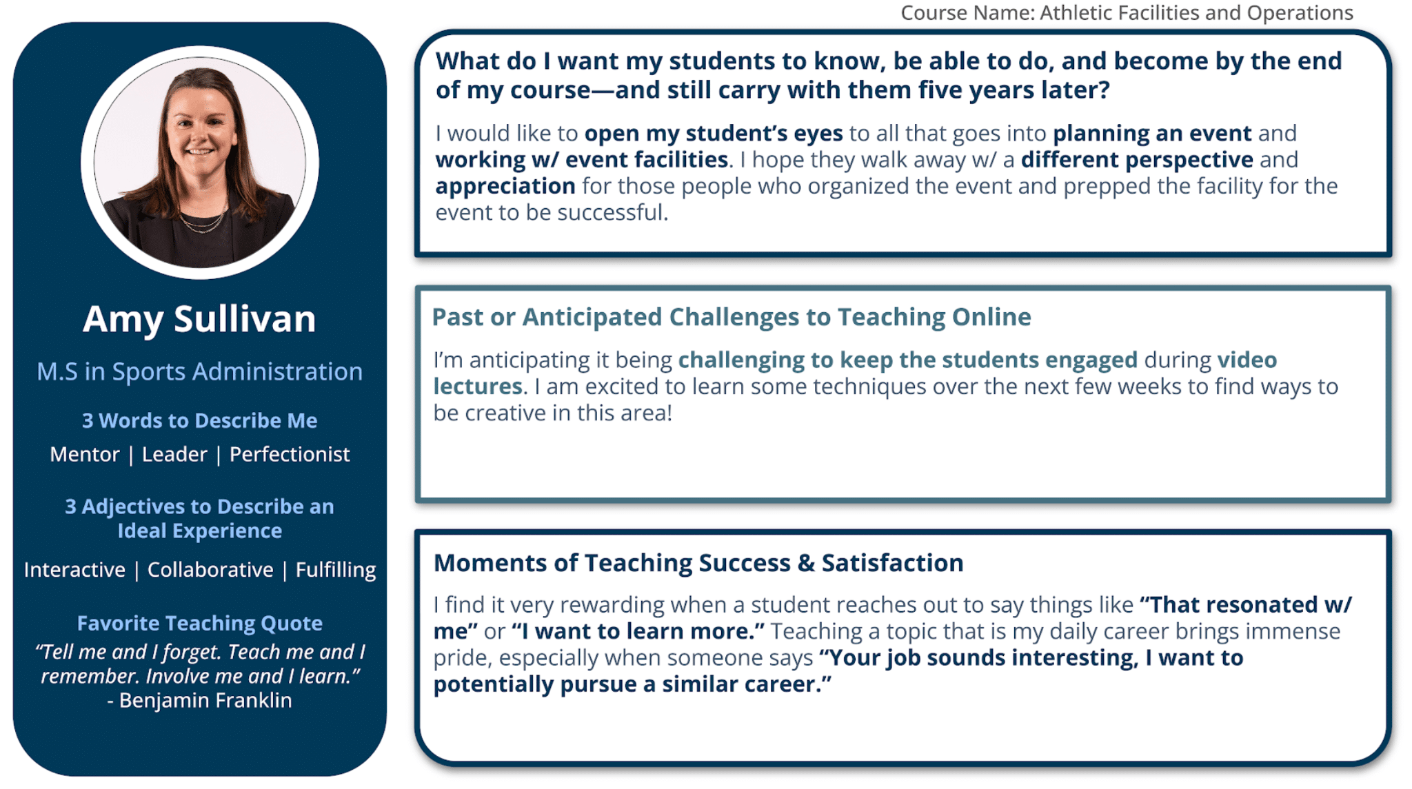 Instructor profile for Amy Sullivan for the course Athletic Facilities and Operations, detailing her teaching philosophy, goals, and reflections.